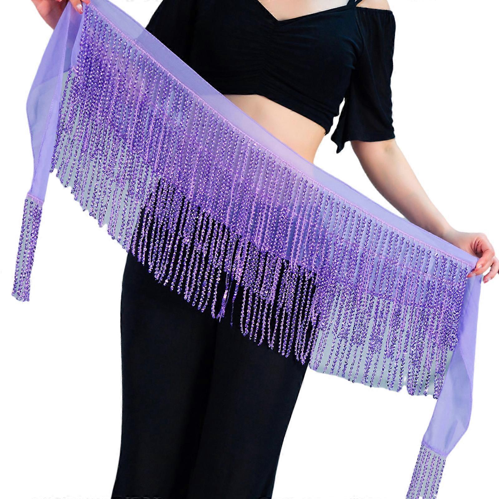 Lättviktig polyestermagdansmidjehalsduk glittrande fransdesign modedekoration förstärker scenvisuella effekter ljuslila universalkod