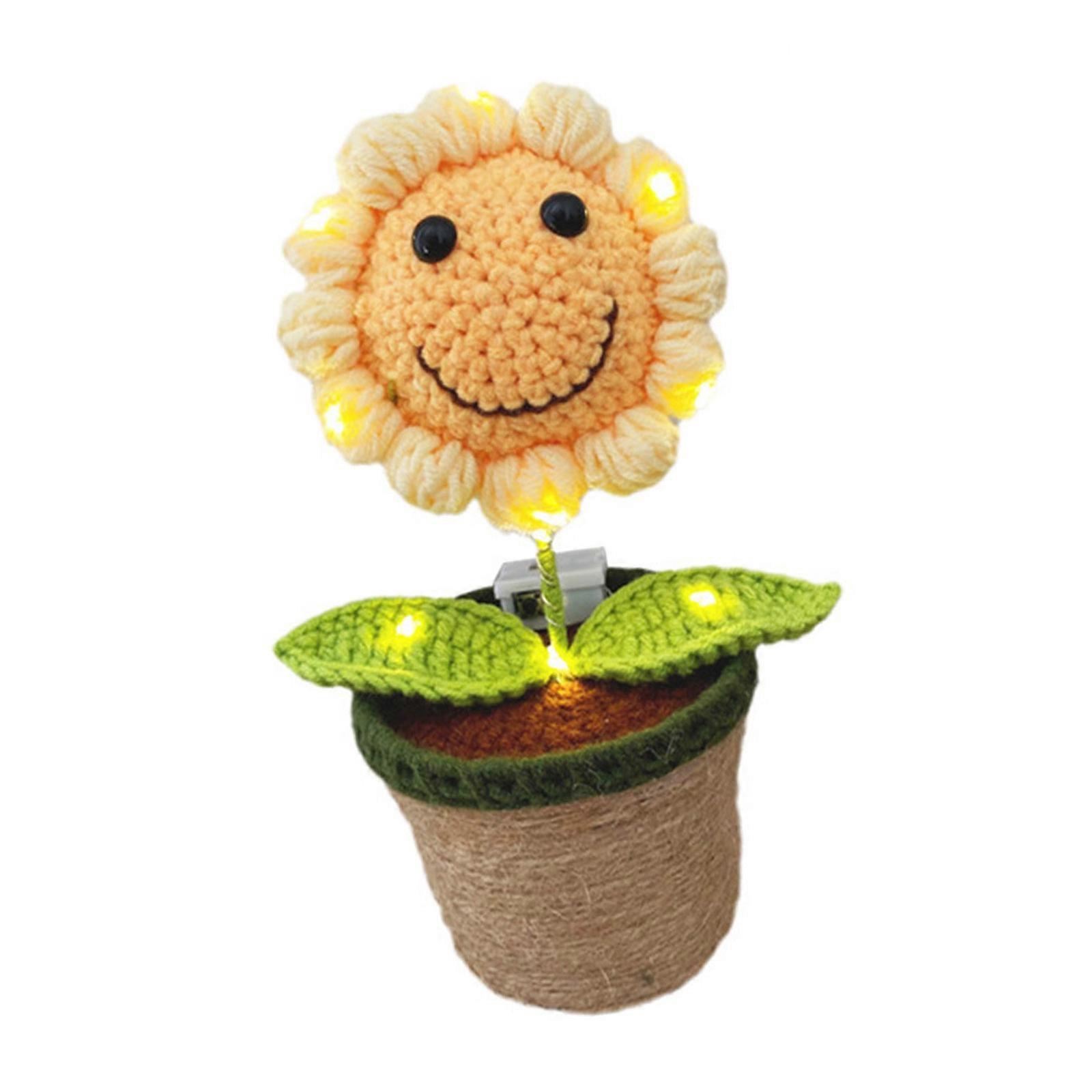 Crocheted Smiling Sunflowers In Pot Ornament with LED Light Handmade Decors For Indoor Desktop Parties Event Present Multicolor