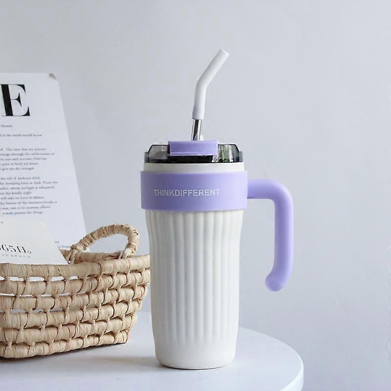 White with purple handle, 860ml capacity, insulated cup with straw, new style for women, 2025, high-value design, portable and simple, suitable