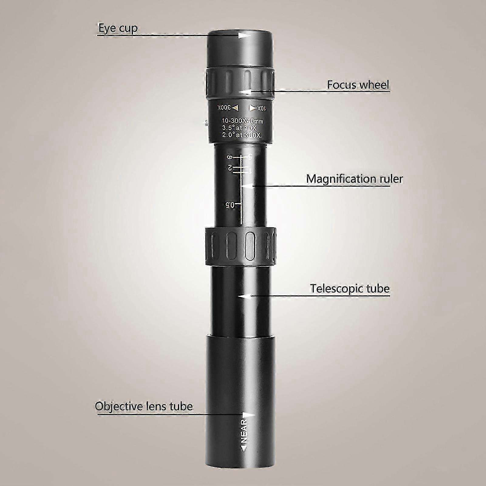 تلسكوب أحادي العين مقاس 10-300 × 40 مم مع حامل هاتف ذكي ثلاثي القوائم لمشاهدة الطيور والصيد والتخييم والمشي لمسافات طويلة والسفر