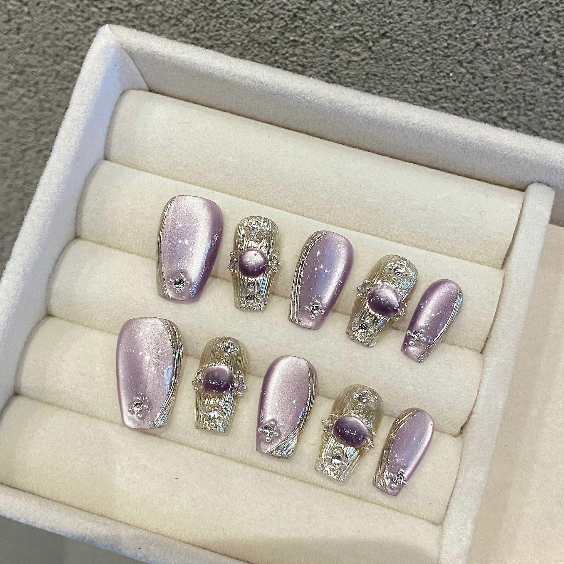 Purple Cat Eye Press On Nails with Elegant Finish, Reusable Handmade Fake Nails Medium Size