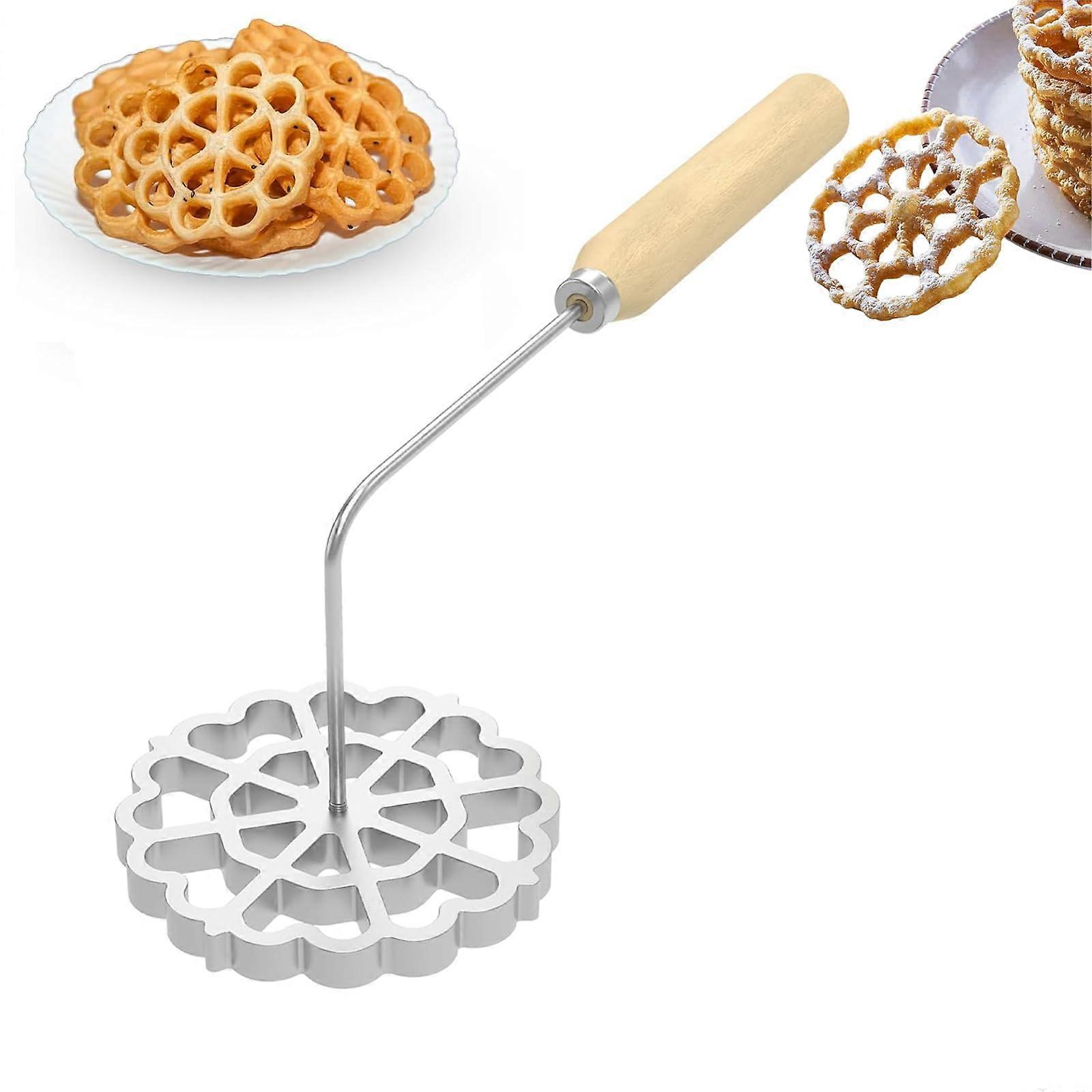 Rosette Cookie Mold and Bunuelos Maker Set with Detachable Wooden Handle for Deep Frying 4.7 Inch