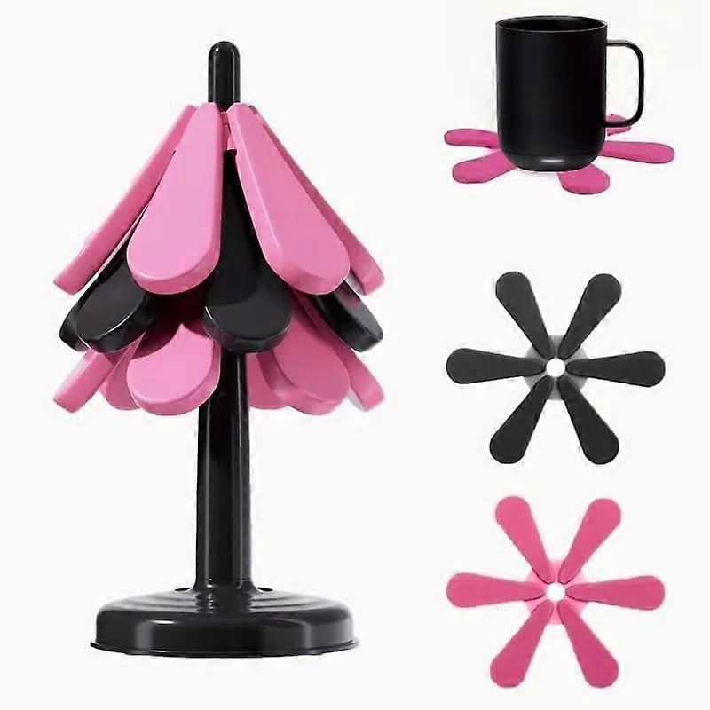 Silicone Trivet Set Christmas Tree Shaped Heat Resistant 240°C Foldable Kitchen Coasters with Stand Pink and Black