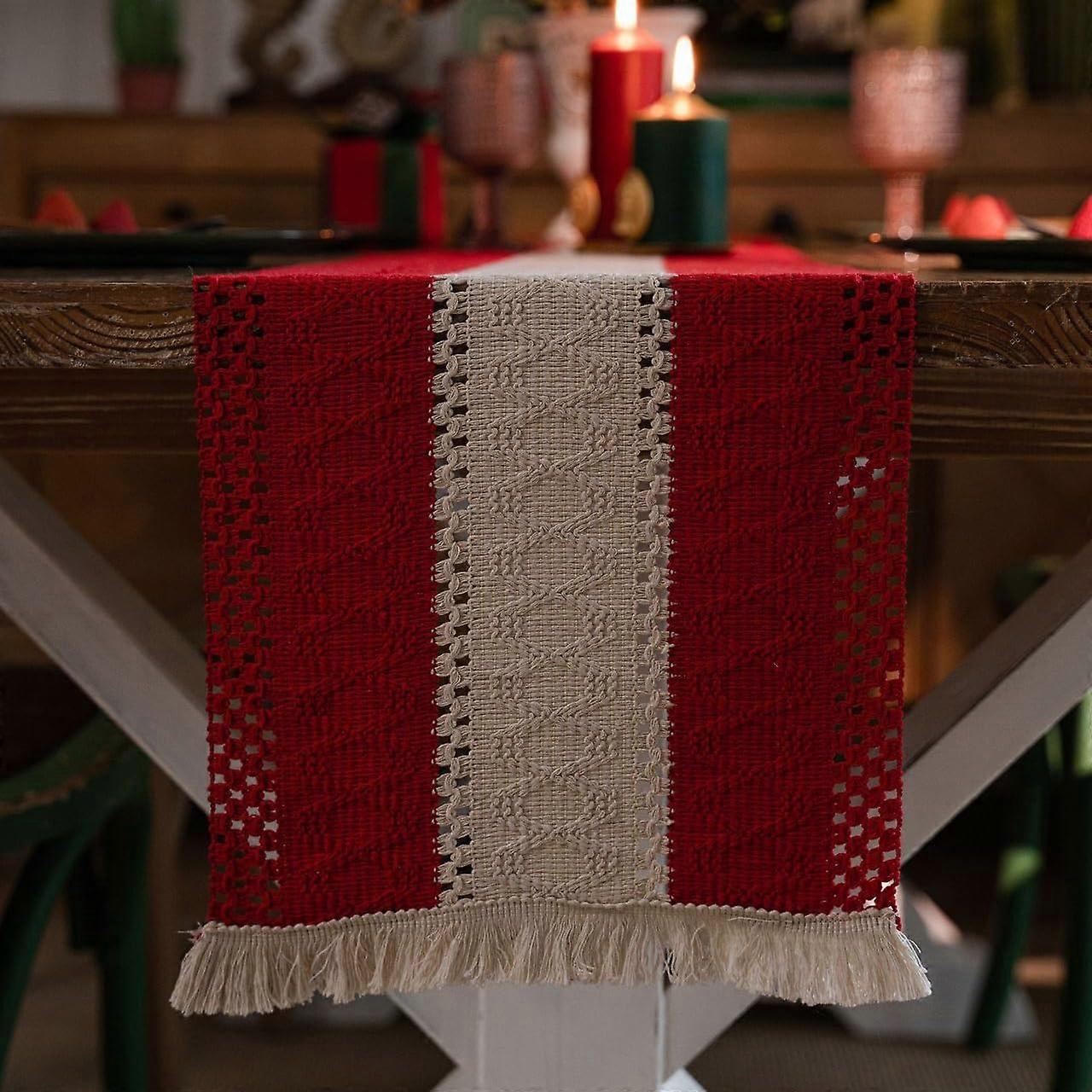 Rustic Geometric Table Runner with Tassels, Cream and Red Stripes, Cotton Linen 12x70 Inches