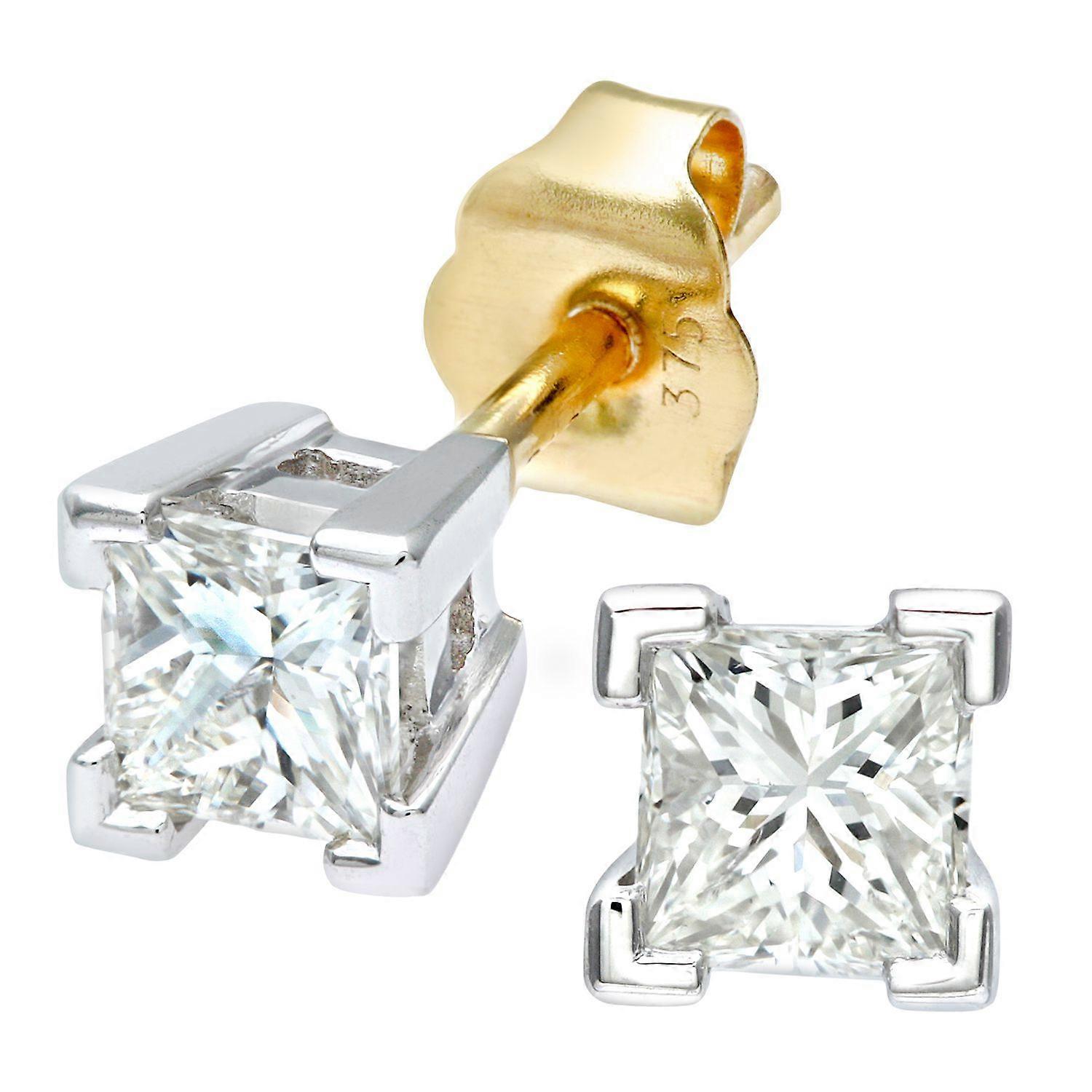 Jewelco London 9ct White & Yellow Gold Princess 1/2ct Diamond Solitaire Stud Earrings