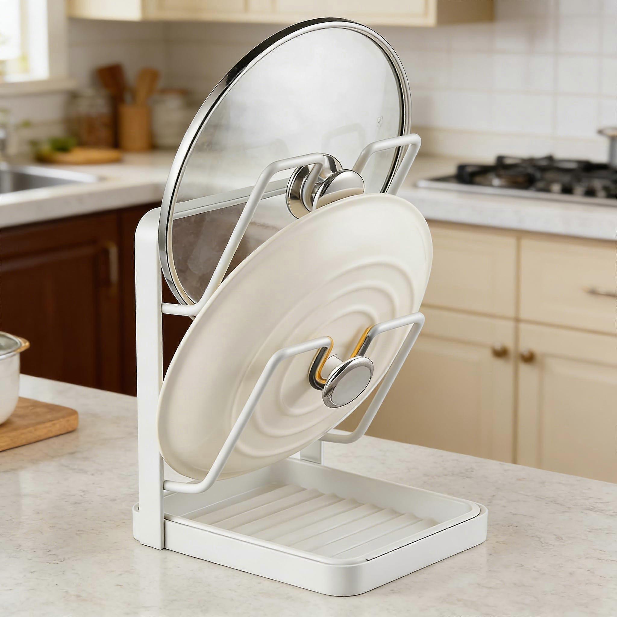 Double Layer Pot Lid Organizer with Removable Drip Tray, Rust Resistant Carbon Steel Kitchen Holder (Beige)