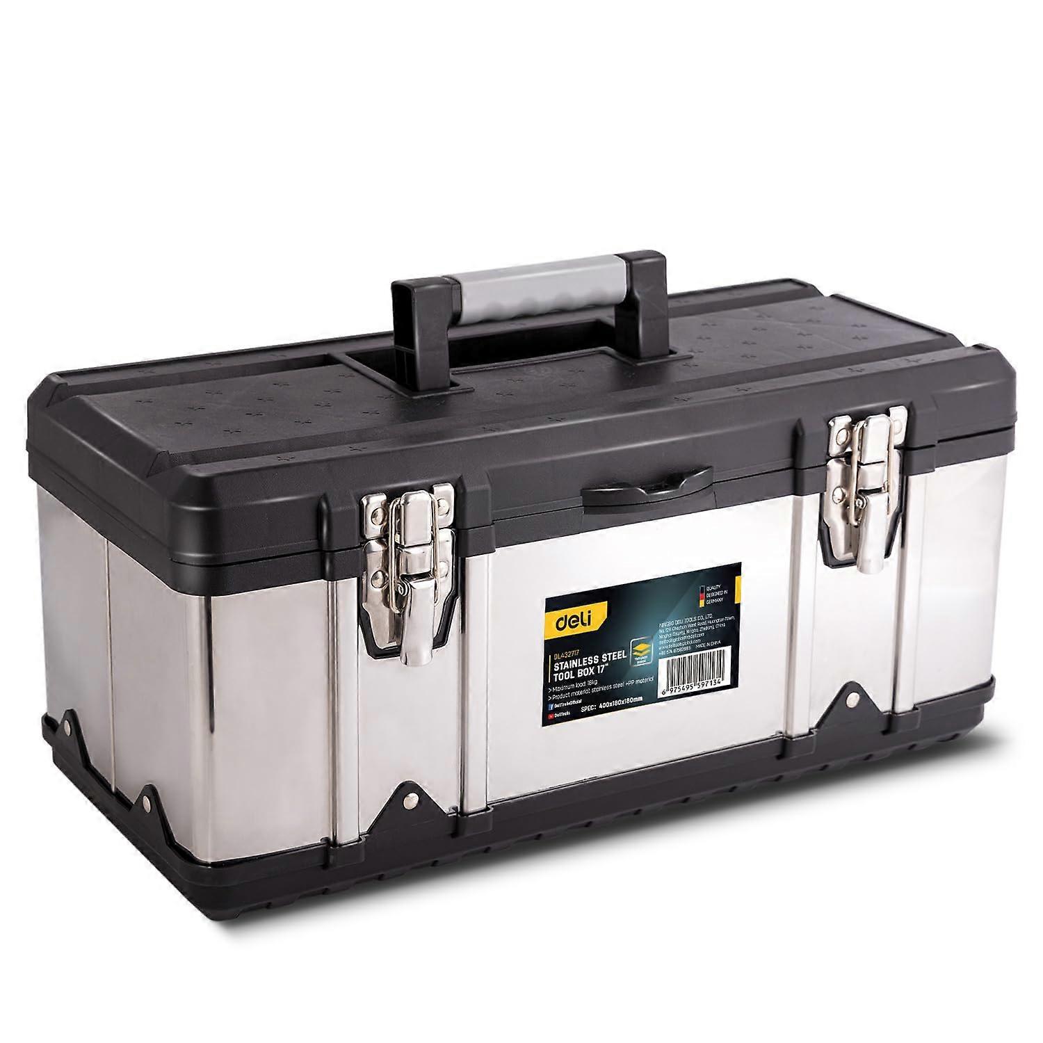 Stainless Steel Metal Tool Box with Secure Locking Buckle, Double Layer Storage, Ergonomic Handle, 20'