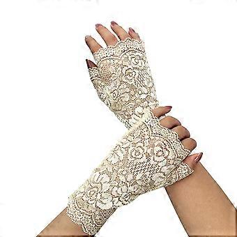 1 Paar Handschuhe halbe Finger Spitze durchsichtige ausgehöhlte Blume Stickerei einfarbig elastische Braut