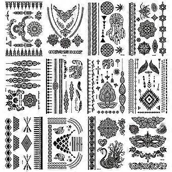 Tatouages au henné noir Autocollant, chaînes de dentelle Mandala faux tatouage Tatouages temporaires au henné pour les femmes Party Rave Maquillage, 12 feuilles