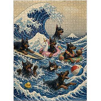 Dobermann pinscher utenfor Kanagawa-puslespill - Søtt utgave av den klassiske kunsten SQZ078