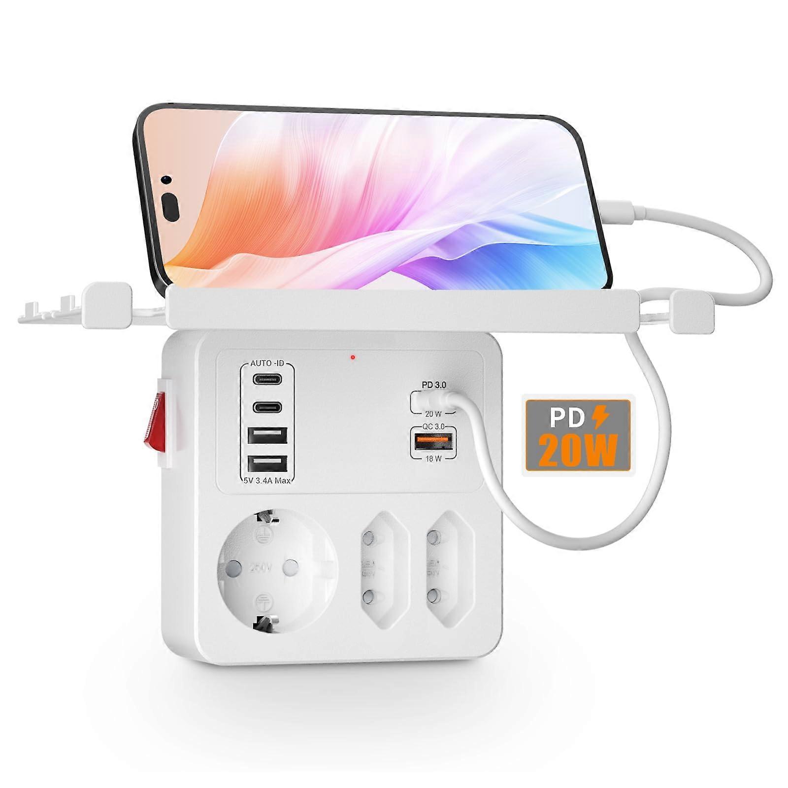 Steckdosenadapter, 3-fach, mit USB-C PD20W für Schnellladen.