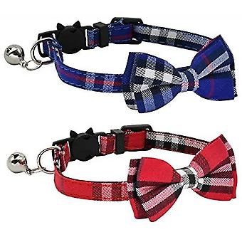 Veeki 2 Pack/Set Cat Collar Breakaway with Cute Bow Tie and Bell for Kitty and Some Puppies, Adjustable from 7.8-10.5 Inch (Red+Blue)