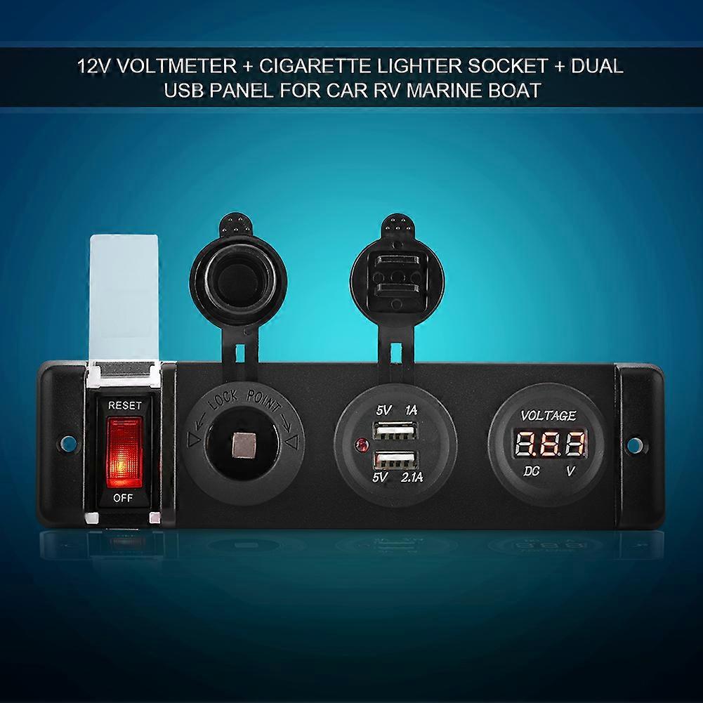 12V Voltmeter Cigarette Lighter Dual USB Power Socket Switch Panel for Car RV Marine Boat E2U556