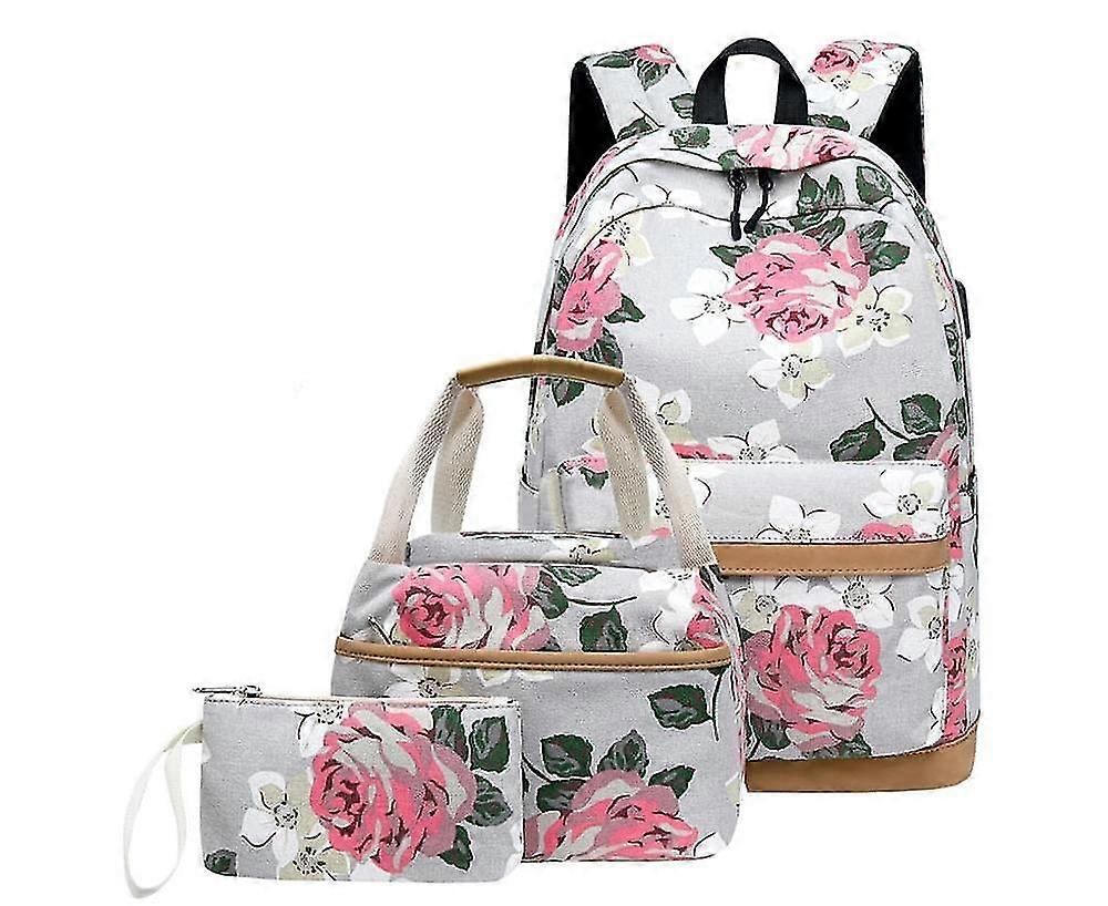 3 Pcs/set Printed Backpack Usb Computer Backpack Student Canvas School Bag(grey)