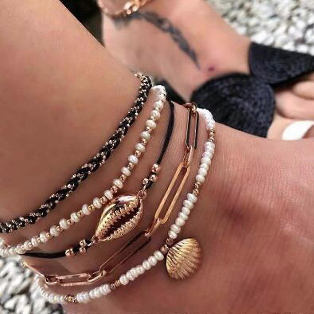 Bohemia Shell Charm Pendant Anklet Set 5Pcs Black Leather Chain Braided String Pearl Beaded Ankle Bracelet