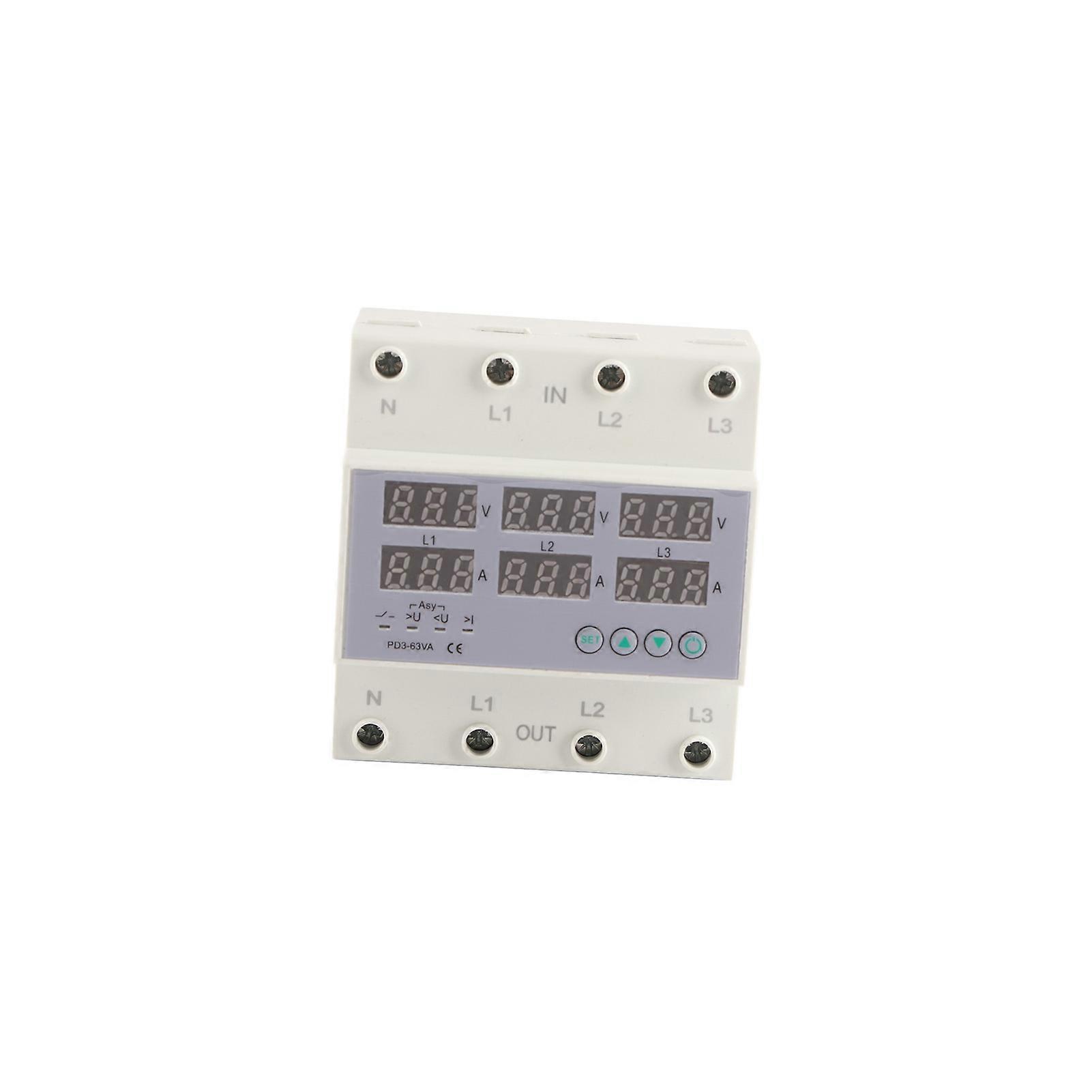 3 Phase DIN Rail Voltmeter Ammeter Automatic Overvoltage Overcurrent Protector AC 390?500V 40A