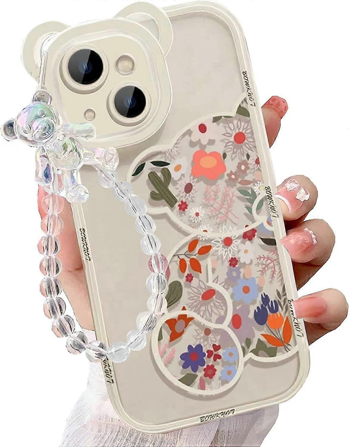 Compatível com iPhone 14 Plus Case, Cute Flowers Bear Camera Protector Clear Case Cover com Linda Alça Pulseira Cadeia Girls Women Case para iPhone