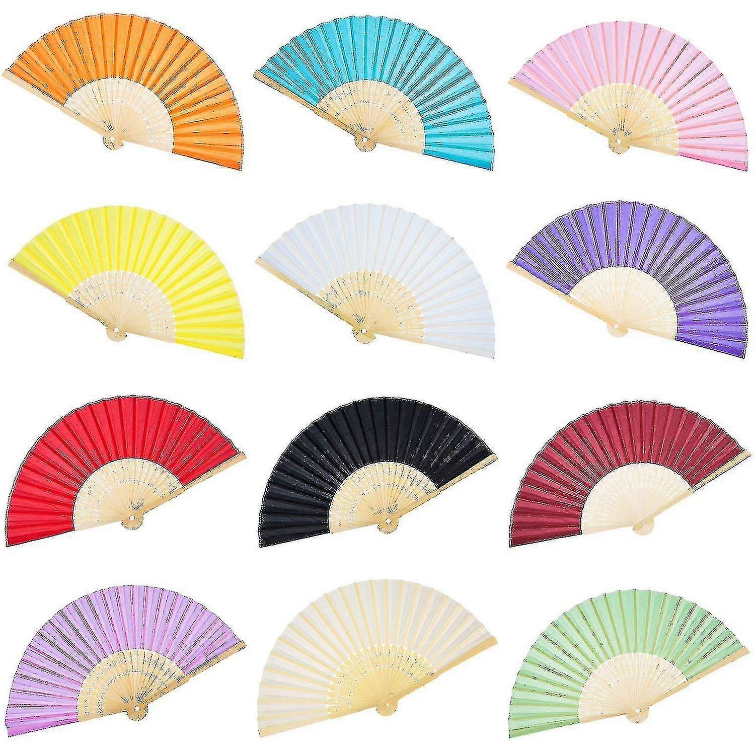 12pcs Hand Held Fans Silk Bamboo Folding Fans Handheld Folded Fan