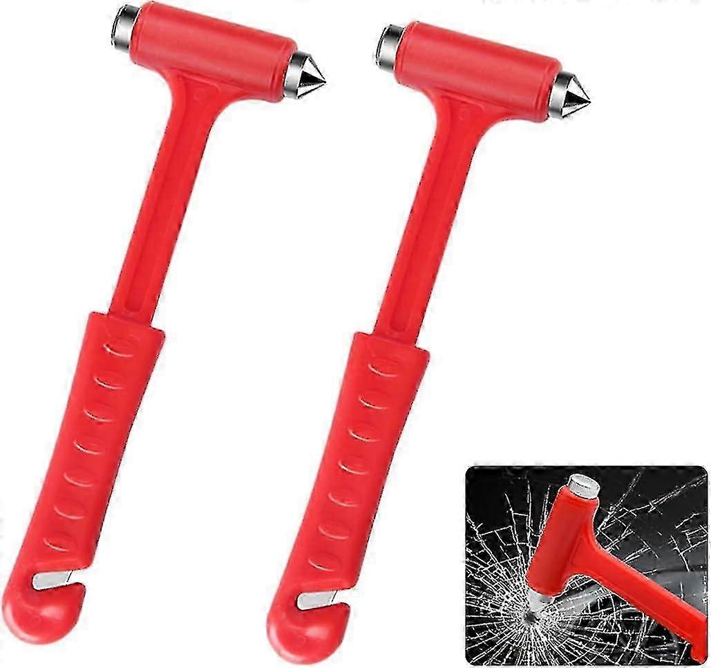 Safety Hammer, 3 In 1 Emergency Hammer Flat Hammer With Seat Belt Cutter For Auto Rescue Escape Kit, 2 Pack, Red