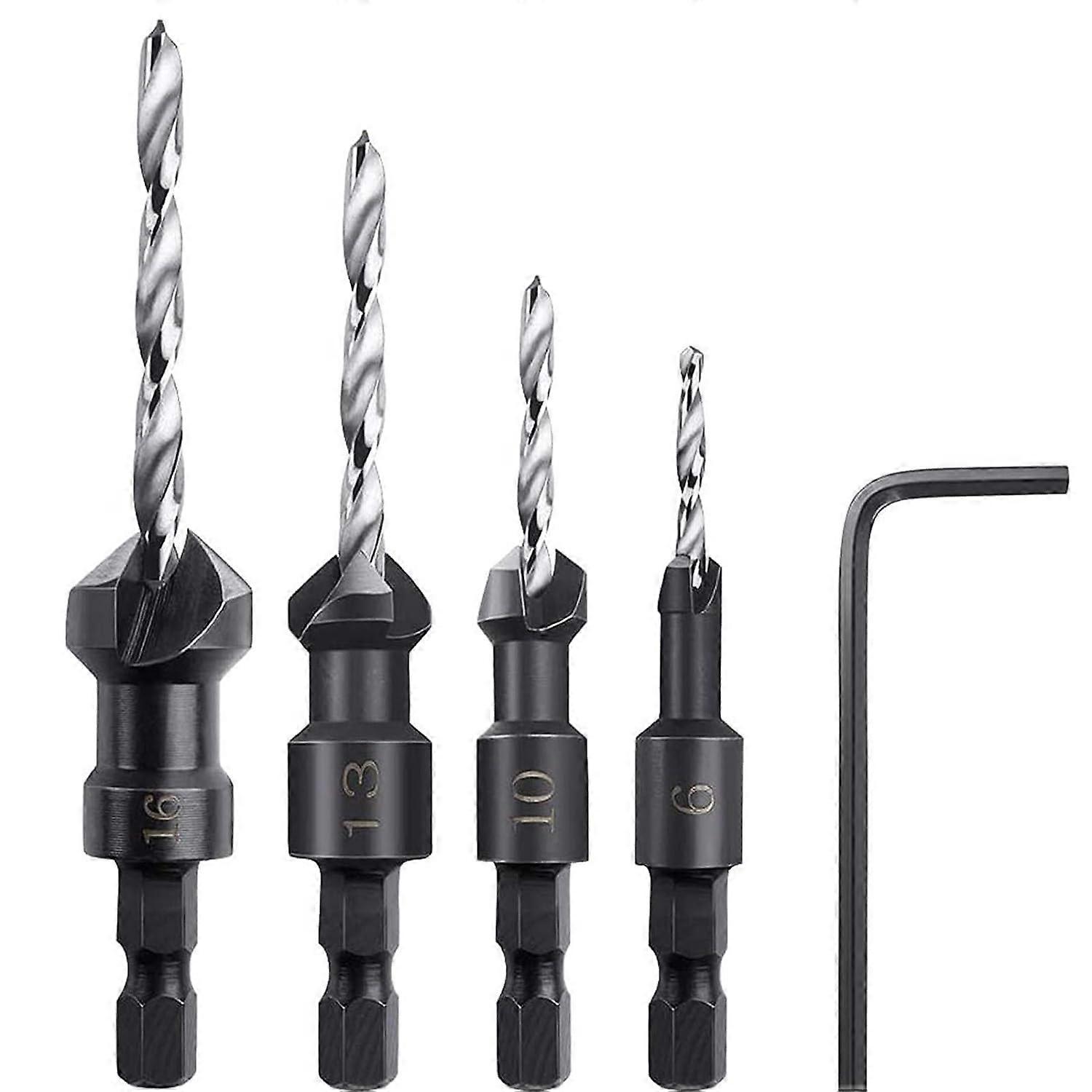 Walnut countersink, 4 pieces hexagonal tapered countersink drill bits with small wrench, tapered wood countersink