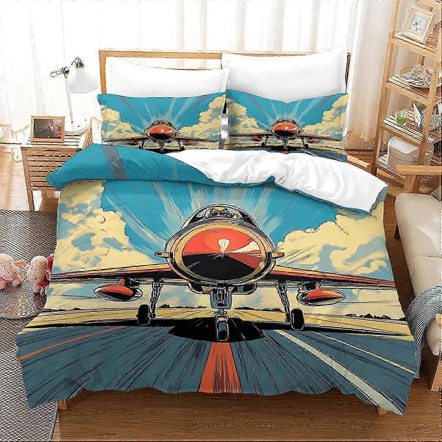 J2608 Lakan Stridsflygplan 3D-tryckta sängkläder ställer in lättviktslätt, lättskött mikrofiber mjuk fighter täcke med kudde Shams 3-delat för K