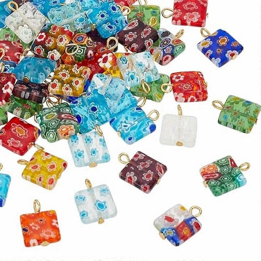 DIY 50PCS Lampwork Pendants Square Millefiori Lampwork Glass Pendants Colorful Spacer Loose Dangle Charms with Iron Loop for Summer DIY Necklaces Earr
