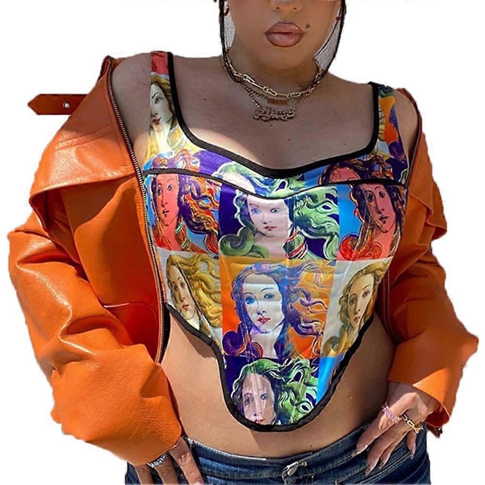 Women's Sleeveless Camisole with Head Portrait Print and Fishbone Waist