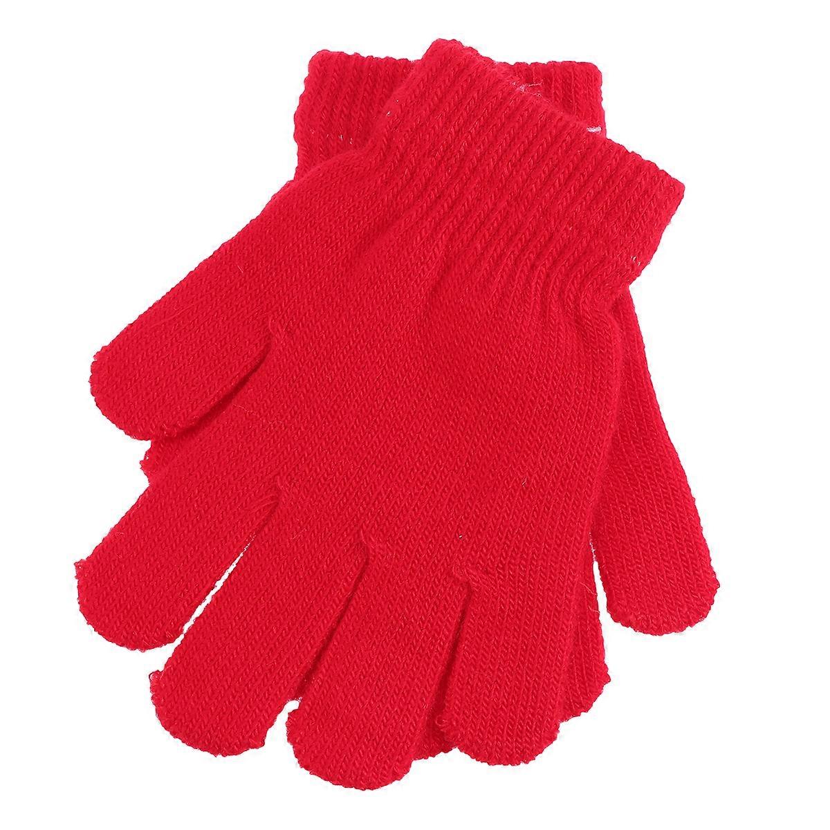 Children's Gloves Autumn and Winter Models Knitted Solid Color Five Fingers Warm Gloves 4-12 Years Old (Red)