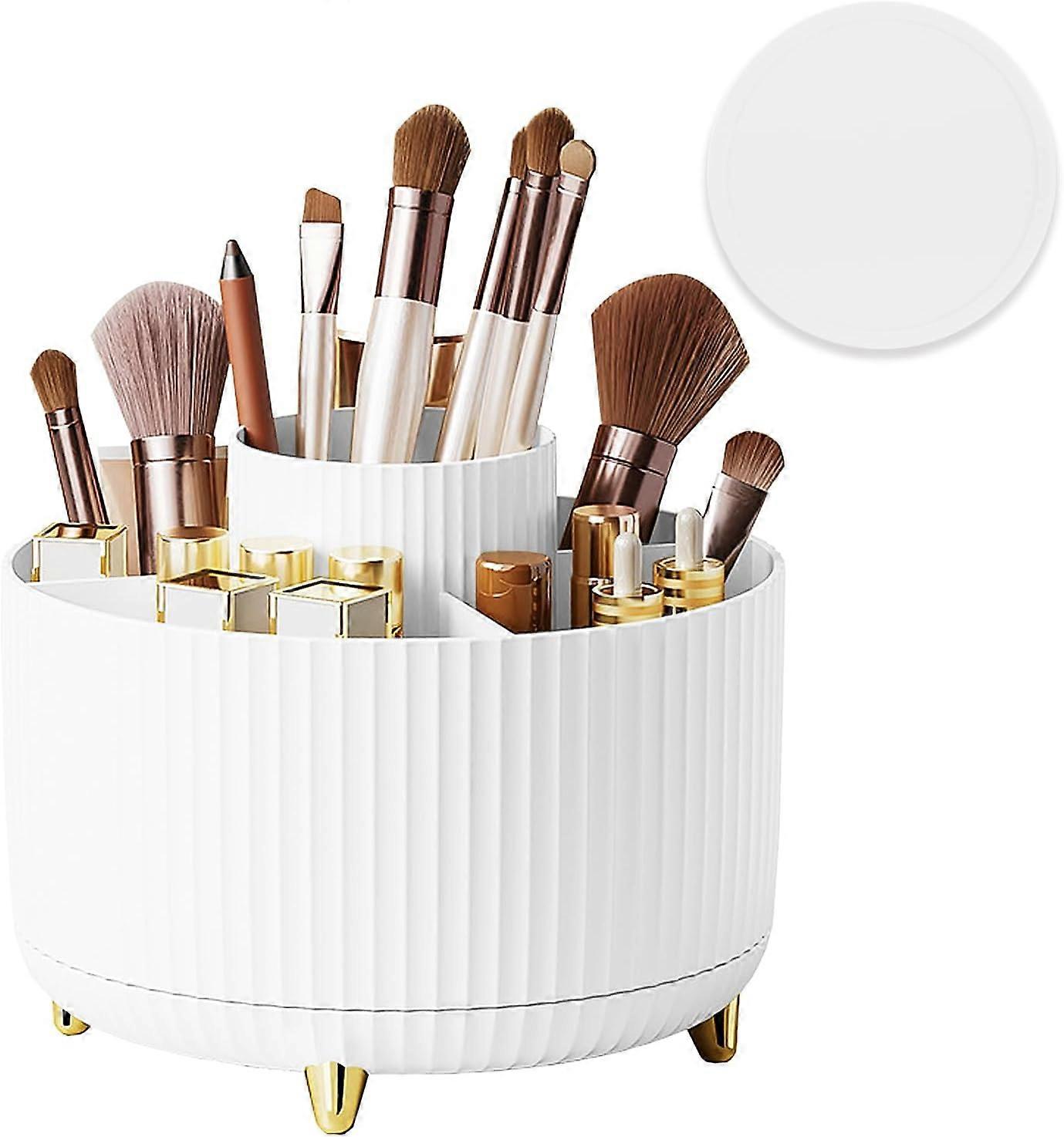 Top-spring 360 Rotating Makeup Organiser, Spinning Makeup Brush Holder with Anti-slip Mat, Make Up Storage 5 Compartments(White)
