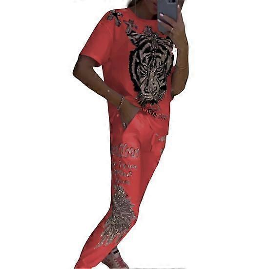 2 Pcs/Set Women Set Tiger Print Sleeves Top Round Neck Short T-shirt Pants Ankle-banded Elastic Waist