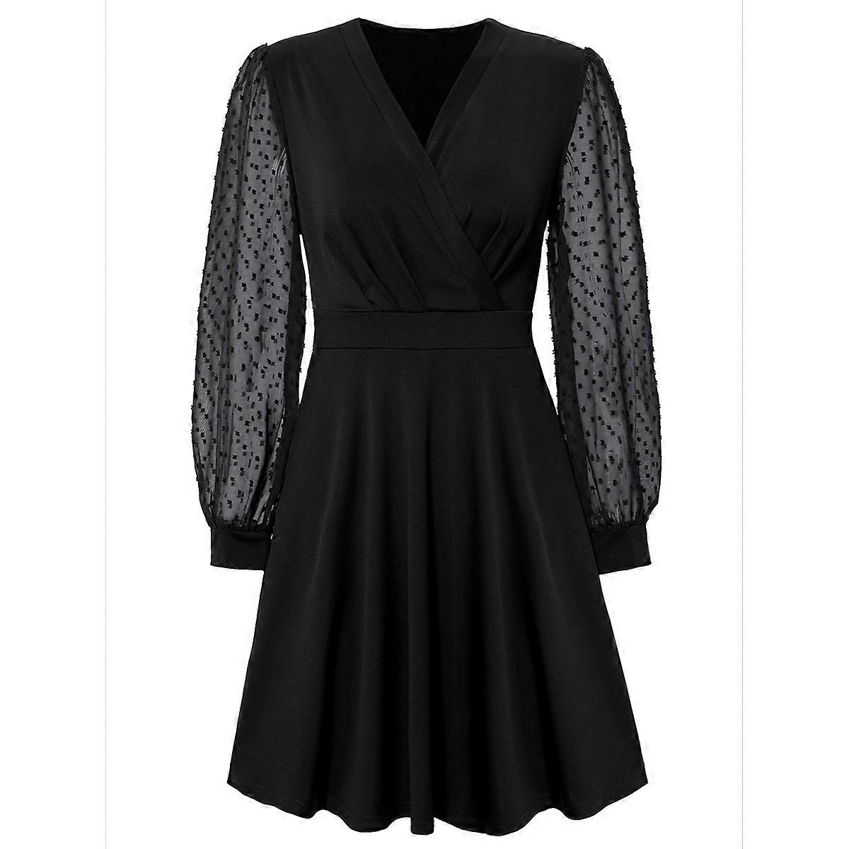 Women V Neck Smocked Short Dress Black XL