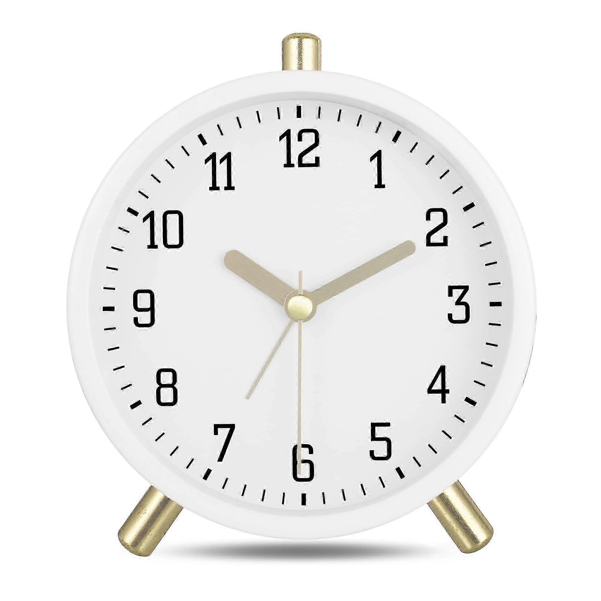 クラシックメタルサイレント目覚まし時計、ライト、ホワイトアナログベッドサイドデコレーション
