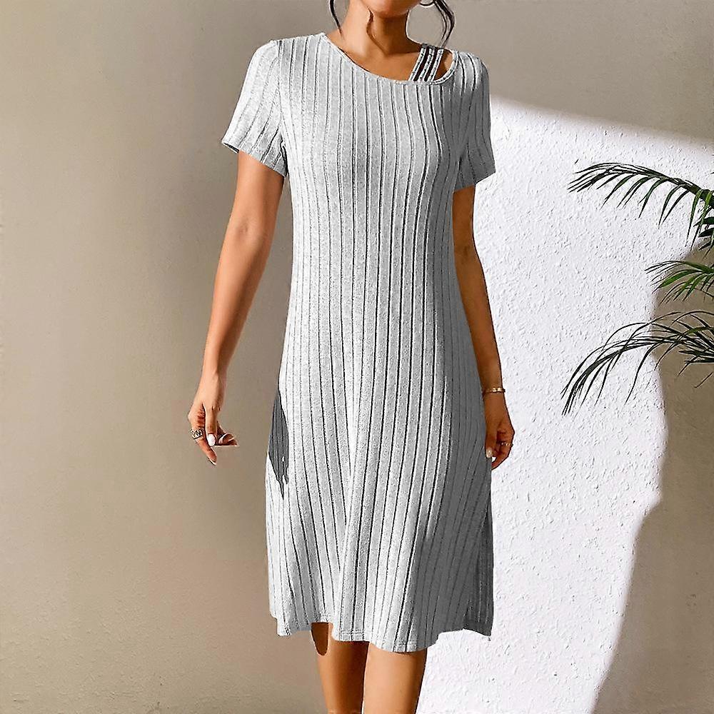 HNXC Women's Fashion Summer Spring Solid Color Print Short Sleeve O-Neck High Waist Casual Dresses