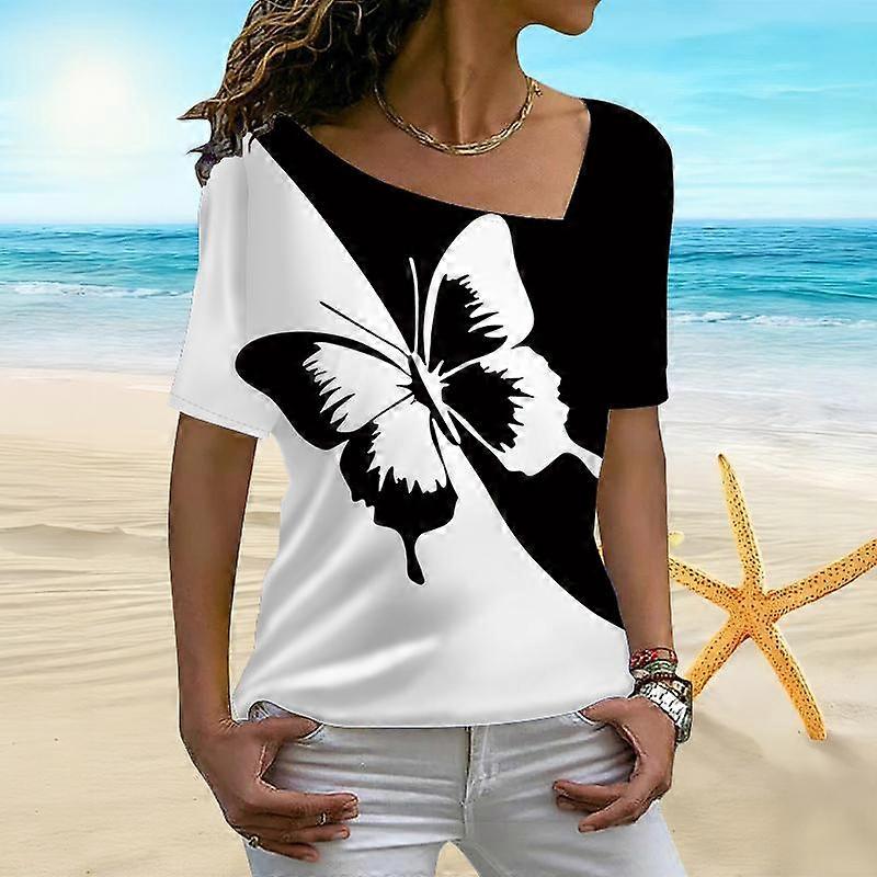 Women's 3D Two-color Butterfly Print Irregular Collar Short Sleeved Undershirt Women's T-shirt