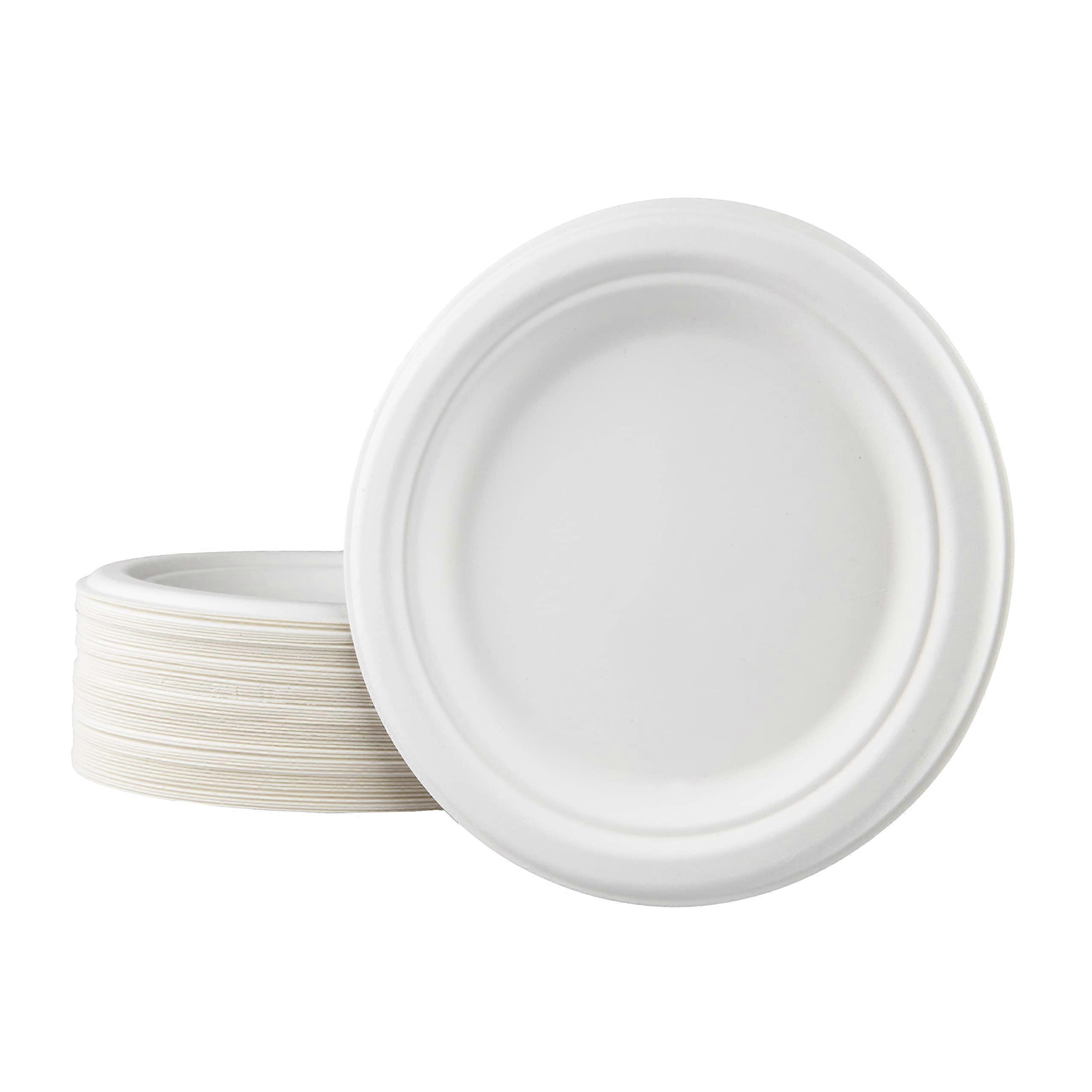 Disposable Plates Pack of 50 Round 22.5 cm Sugar Cane Paper Plates for Parties, BBQs