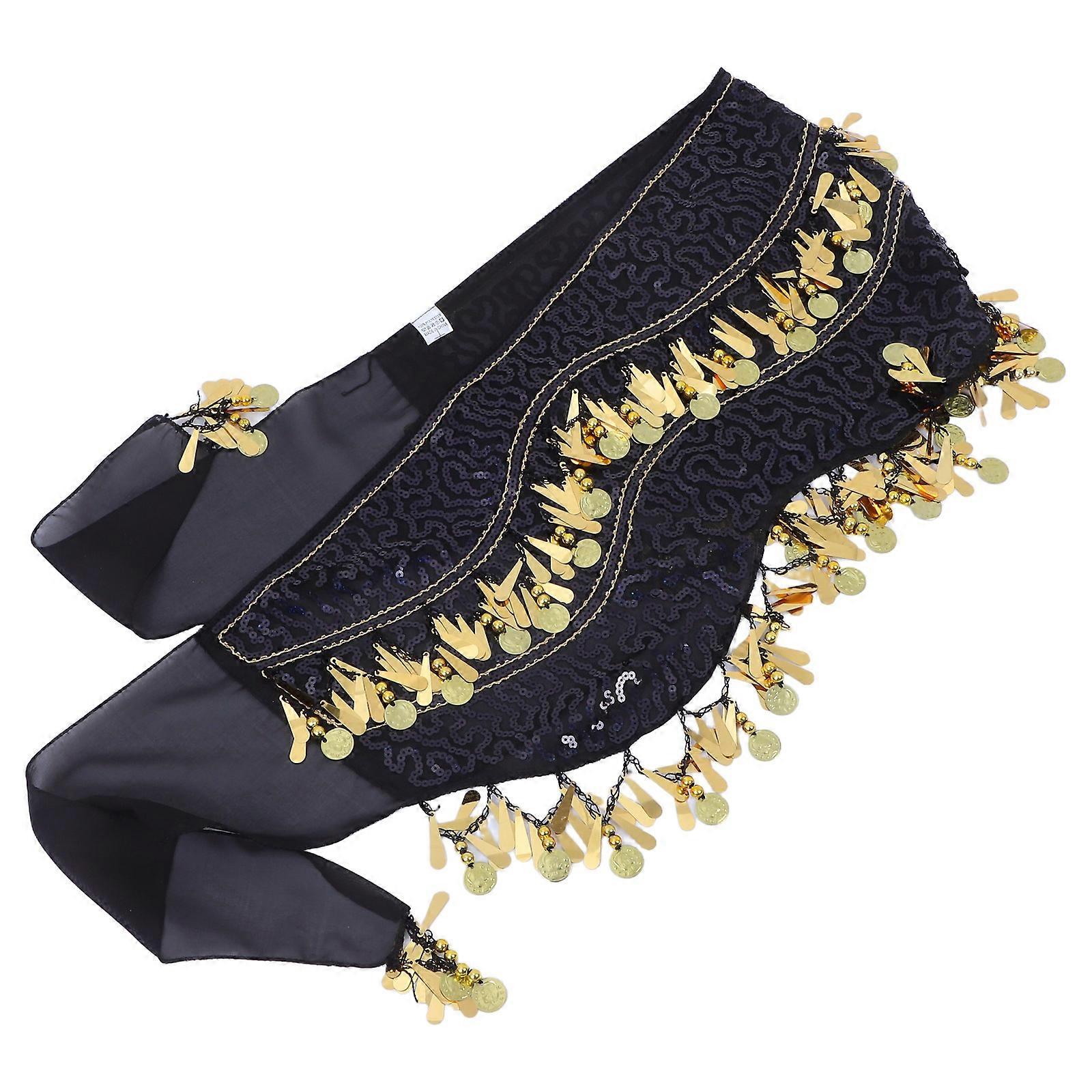 Waist Scarf Belly Dancing Belt For Professional Dancers Black Polyester Tassel Movement Shimmering Effect 1Pack