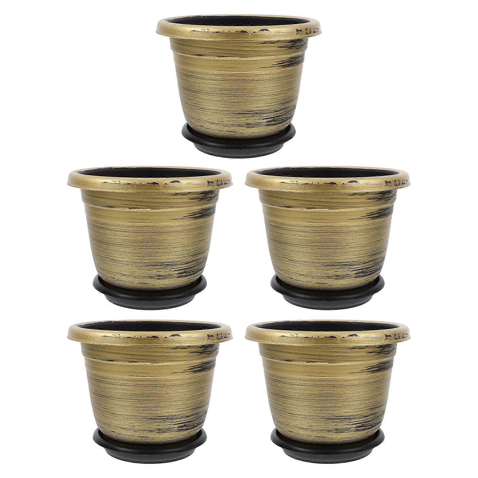 Flower Pot Container Flower Succulent Pots with Trays Windowsill Plant Growing Container Round Shape Golden Color 5 Sets