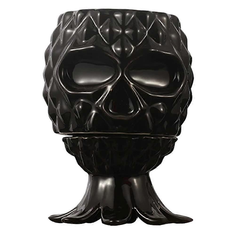 Tiki Mug 450ml Ceramic Pineapple Cup with Lid for Hawaiian Halloween and Day of the Dead Parties Black Drinkware
