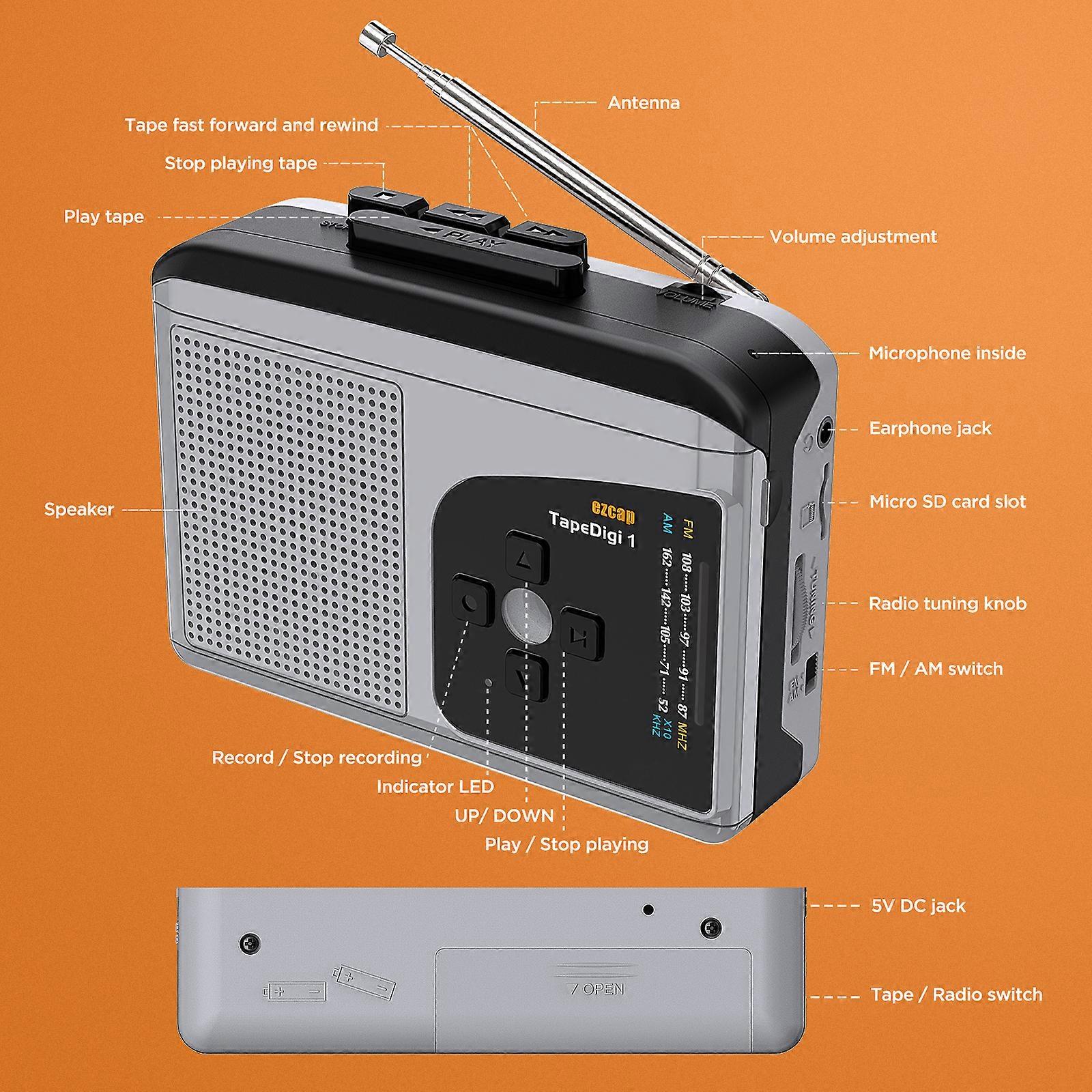Portable ezcap234 Cassette Player - Tape-to-MP3 Converter, AM/FM Radio, Sound Recorder