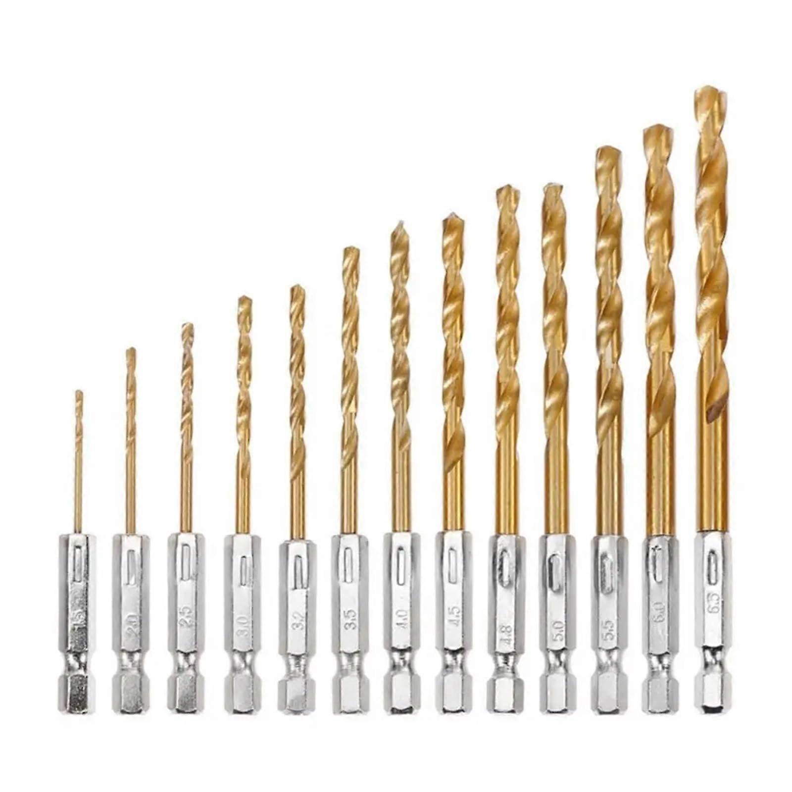 Drill Bit Set with 1/4 Hex Shank HSS 1.5mm-6.5mm for Power Tools Metal Wood, 13 Pieces