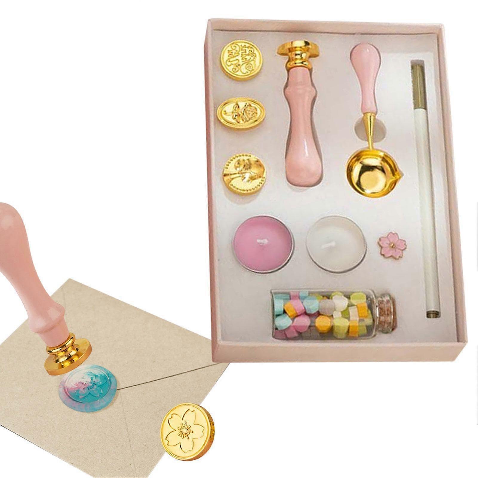 Sealing Wax Stamp Set with Brass Head and Wooden Handle, 10 Pieces/Set Pink