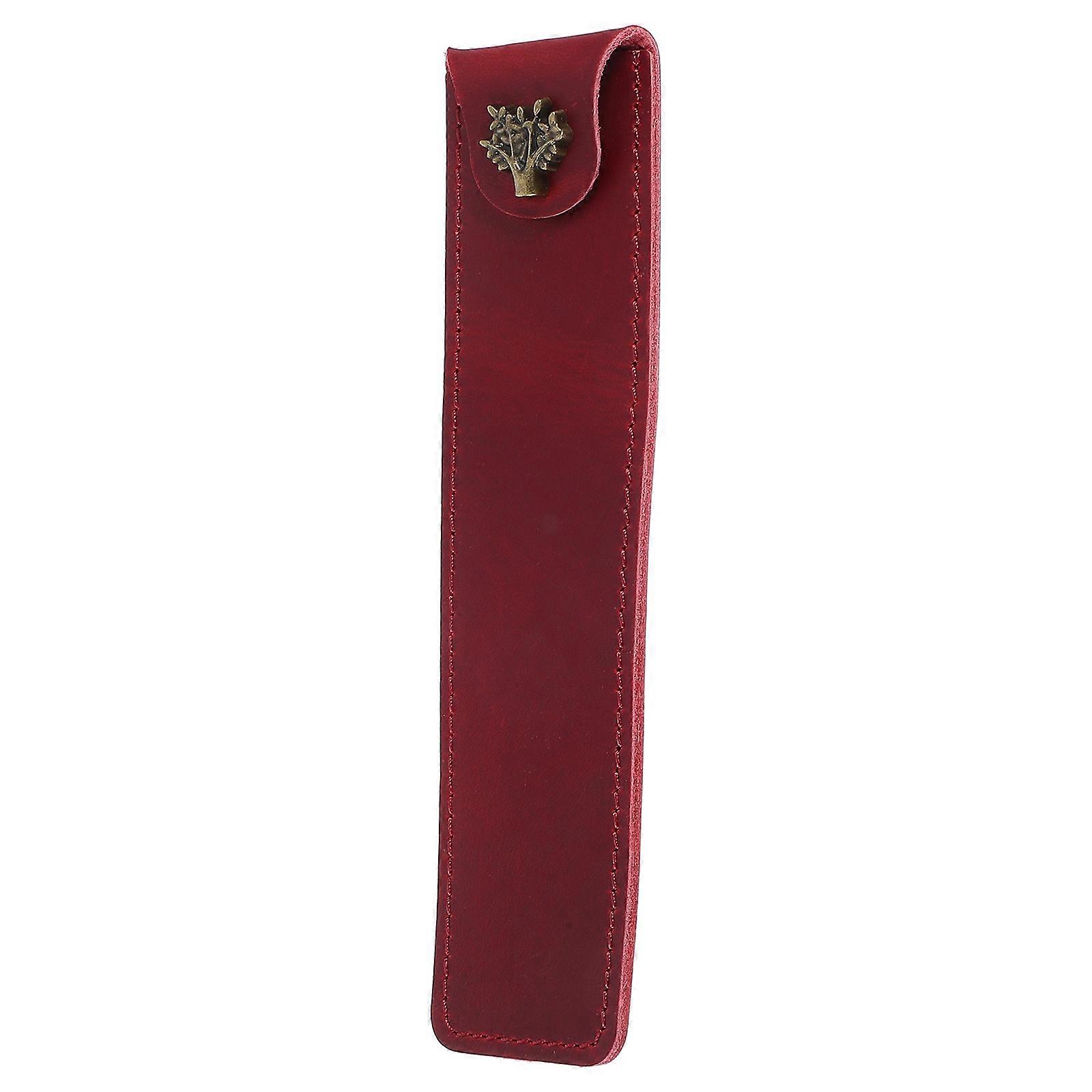 Fountain Pen Pouch Leather Pen Case Snap Button Closure Dark Red Color 16.8 X 4 X 1.5 Cm Size Portable Single Pen Sleeve Everyday Use 1Pack