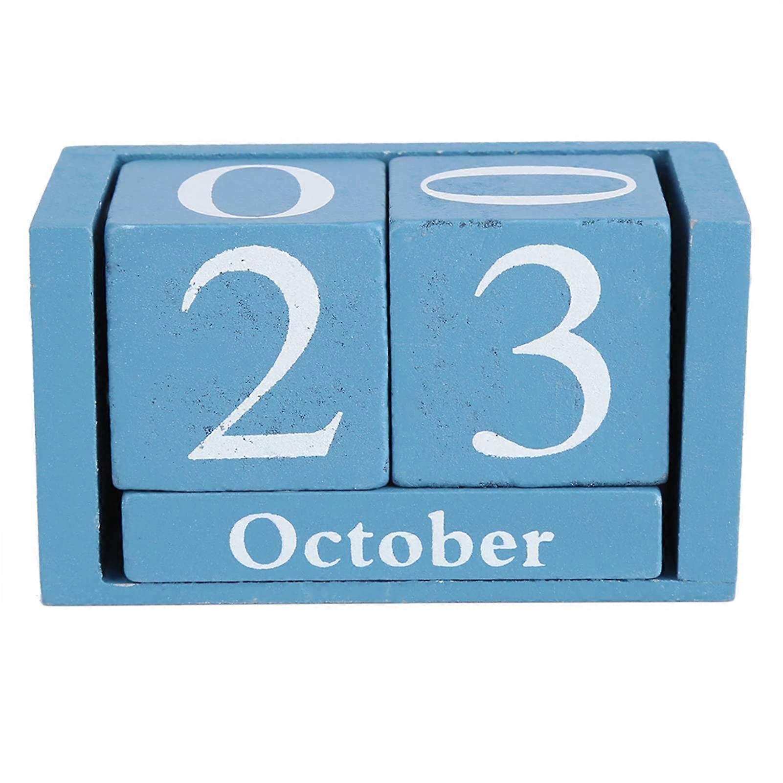 Digital Calendar for Home, Wooden Retro Perpetual Calendar, Blue Desk Decoration with Month and Date Display, Eco-Friendly Design