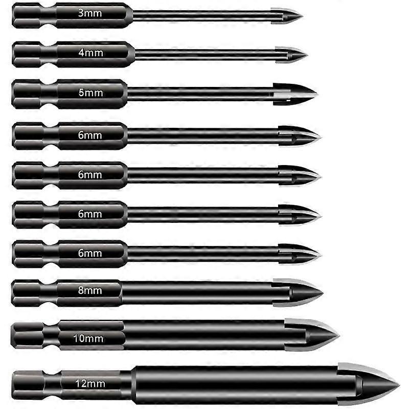10Pcs Multi-Function Tungsten Carbide Hex Shank Drill Bit Set for Porcelain Tile, Ceramic, Mirrors, Concrete, Brick Wall, Glass