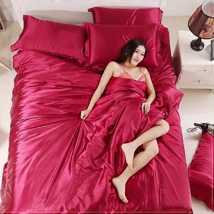 4PCS Double Duvet Cover Silk Bedding Set 220*240CM Wine Red