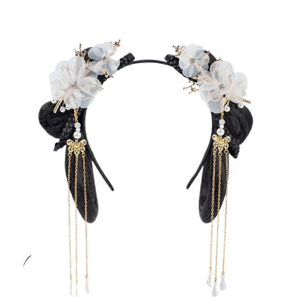 Chinese Hanfu Wig Headband, Synthetic Bun Hair Piece Qing Dynasty Hair Hoop with