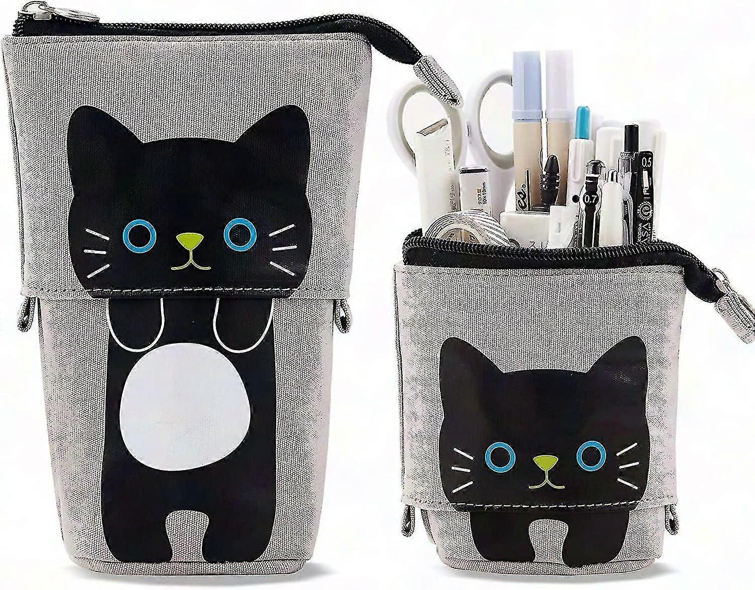 かわいい猫の伸縮式鉛筆ホルダースタンド-耐久性のあるキャンバス、化粧品&文房具、メイクアップ&鉛筆用バッグ