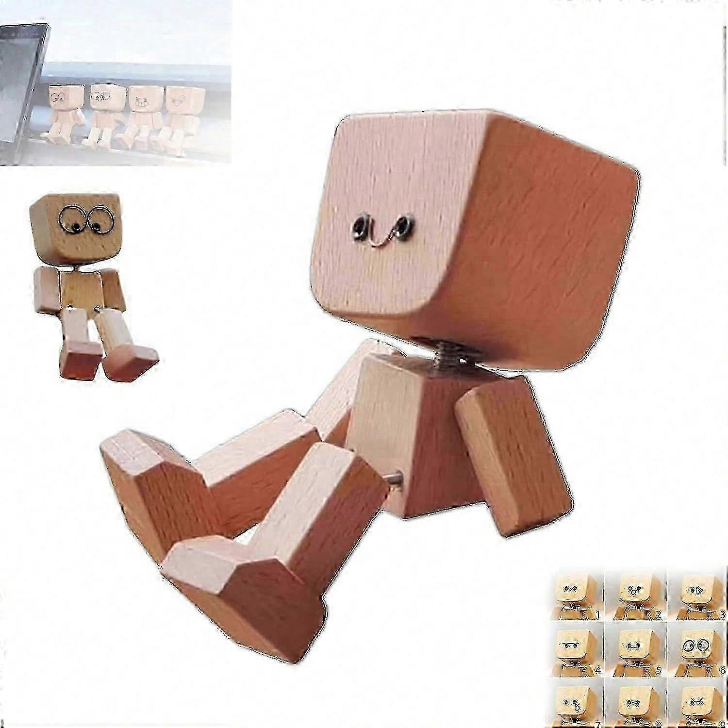 Charming Little Wooden Figure That Sways With 12 Magnetic Expressions, Funny Shaking Feet Wooden Man Figure, Cute Car Dashboard Ornaments