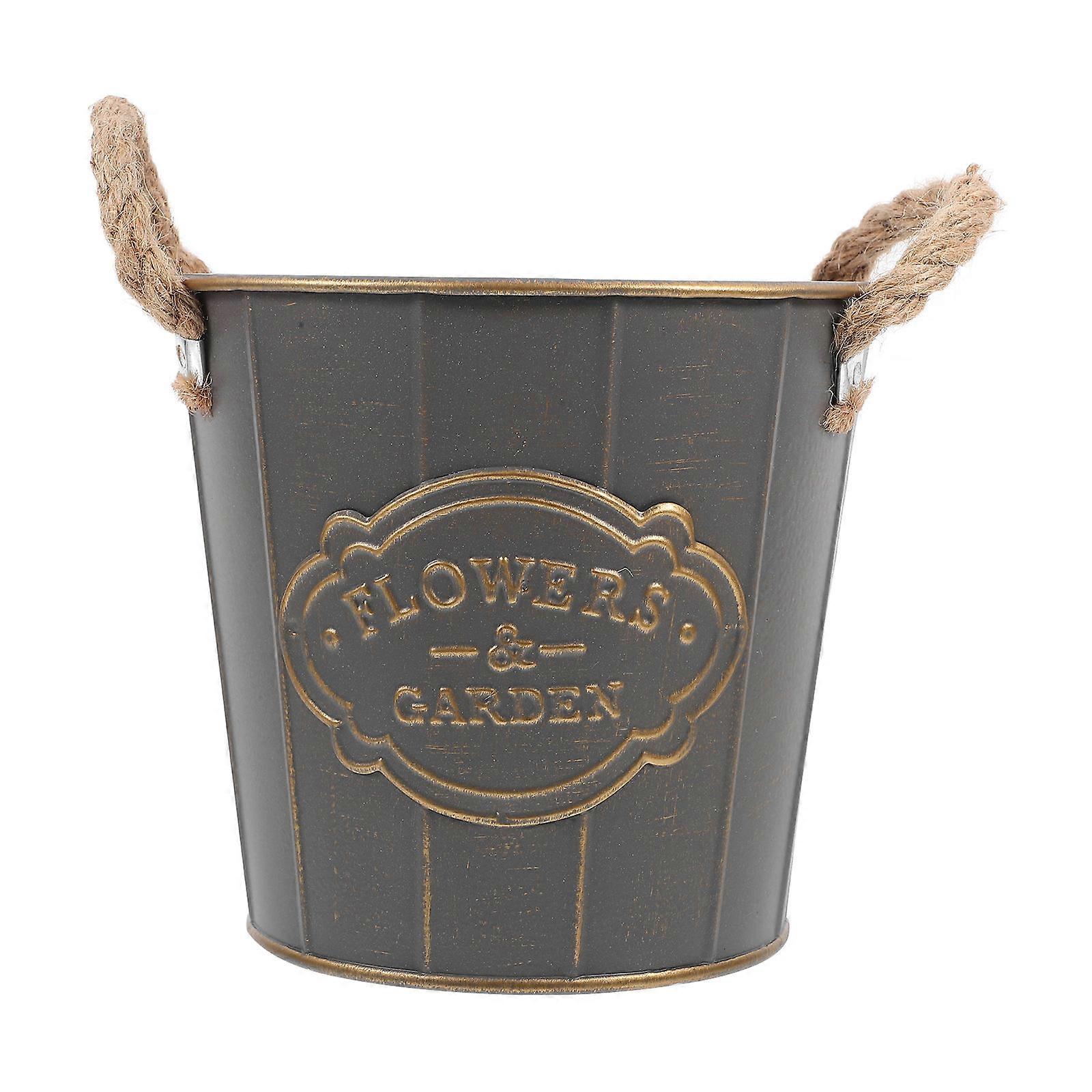 Rustic Style Vase Grey Iron Flower Bucket with Sturdy Handle for Decoration