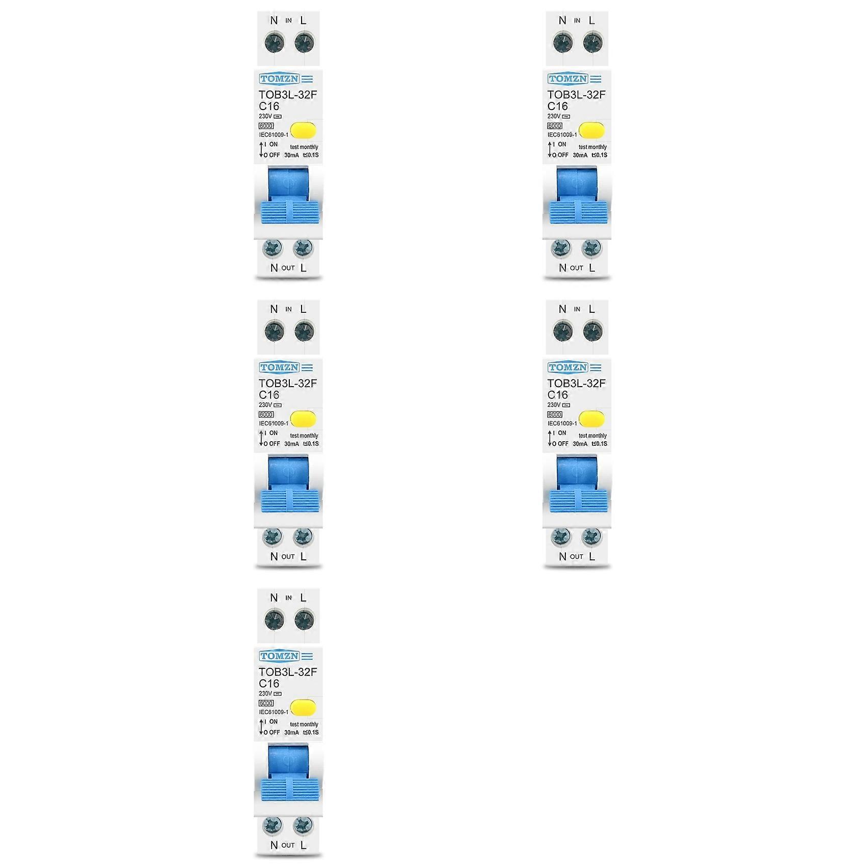 5X TOMZN 18MM 230V RCBO 1P+N 6KA Residual Current Differential Automatic Circuit Breaker 16A